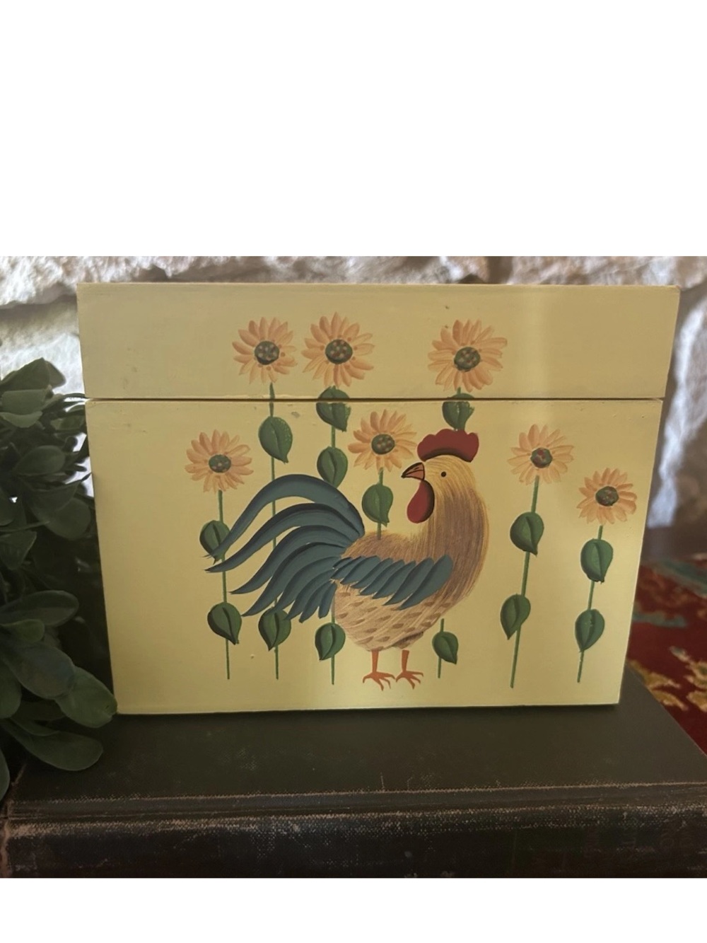 Vintage Painted Rooster Recipe Keepsake Box Yellow Hinged Wood 6.5x5.25x4 EC